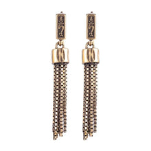 vintage gold-tone tassel drop earrings with engraved rectangular tops and chain fringe