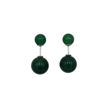 pair of green double ball stud earrings with silver connectors on white background