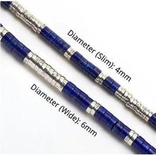 Close-up of two beaded strands with silver and blue beads, labeled diameter slim 4mm and wide 6mm